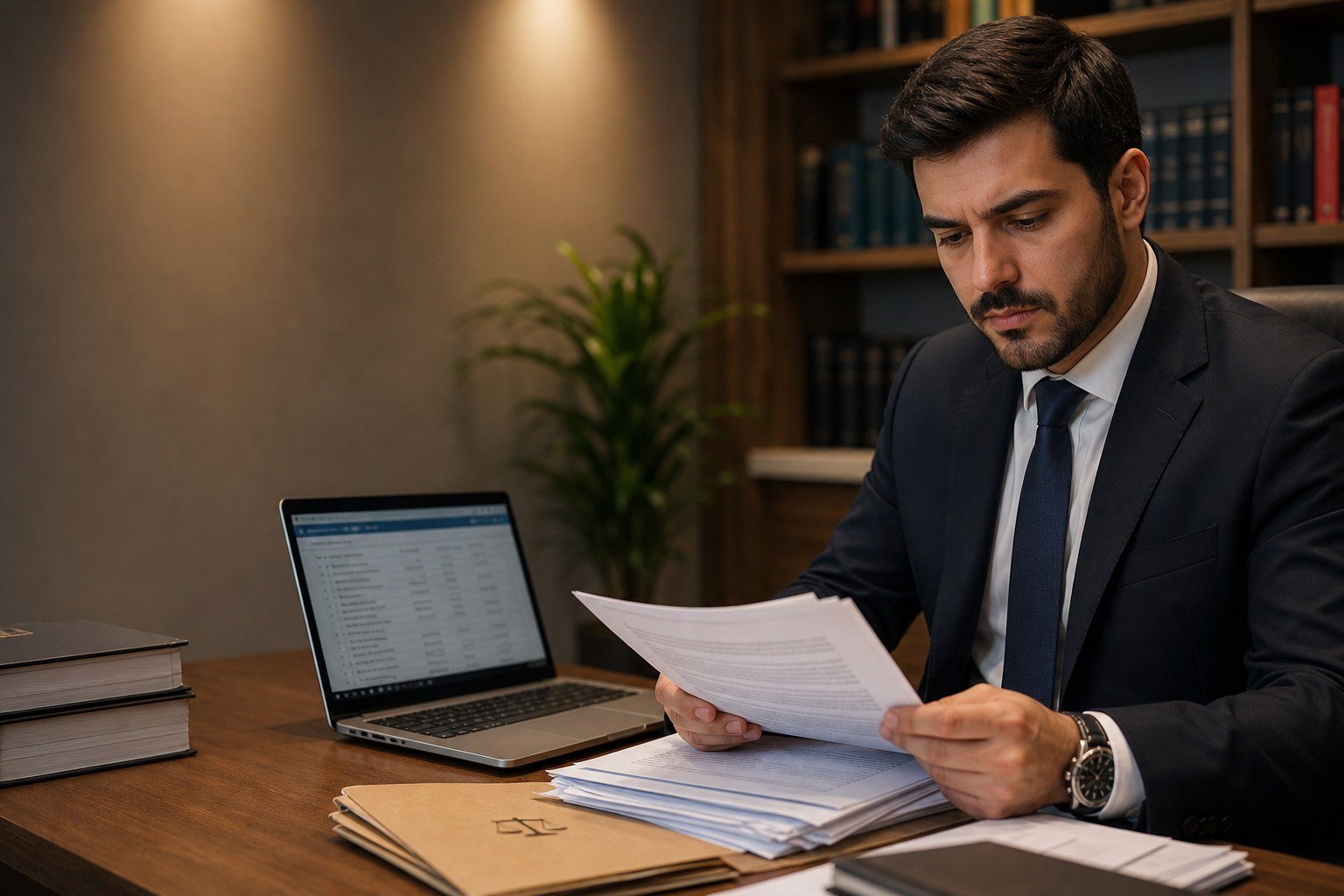 Advogado trabalhista analisando a carteira de processos e documentos da reclamada