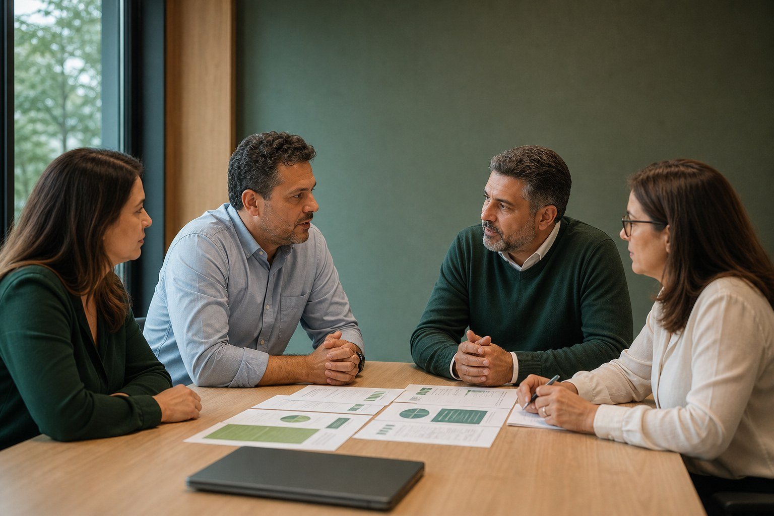 Equipe de gestão de pessoas reunida em reunião de trabalho