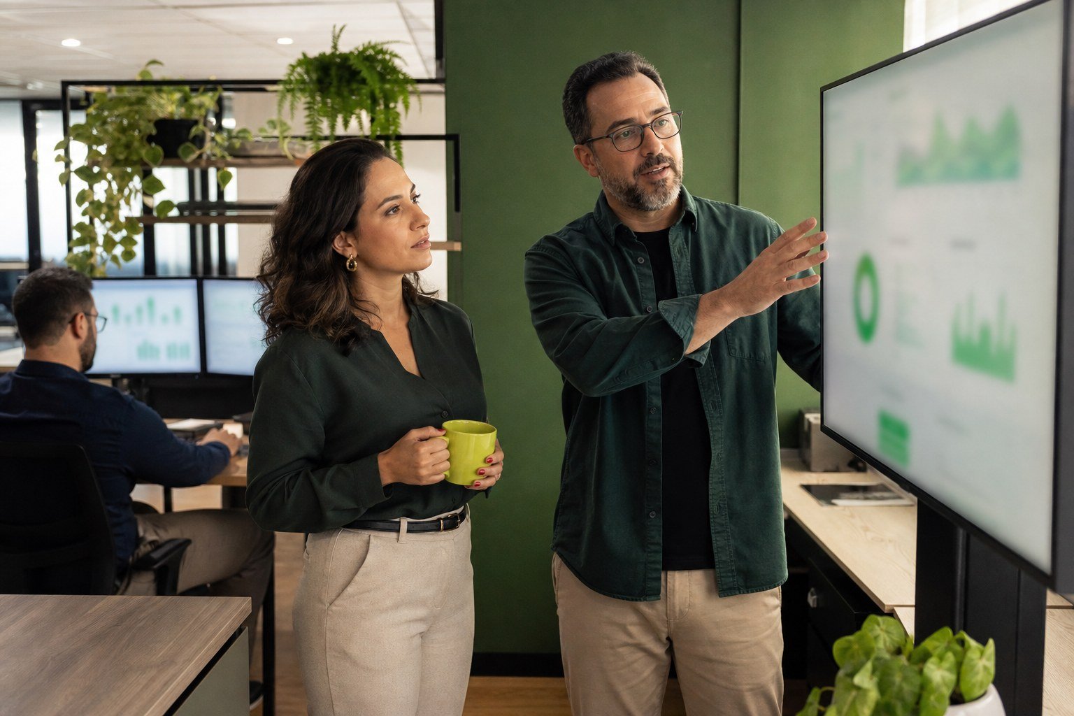Especialistas em tecnologia de RH acompanhando indicadores em tela